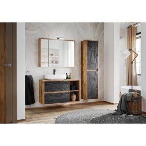 Koupelnová sestava Hampton Concrete s deskou, umyvadlem, zrcadlem a skříňkami 100 cm tmavý beton/dub hunton