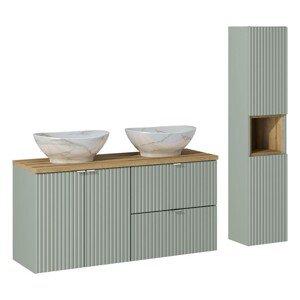 Koupelnová sestava Line Reed Green 120 cm s deskou, umyvadly a skříňkami 120 cm zelená/dub evoke