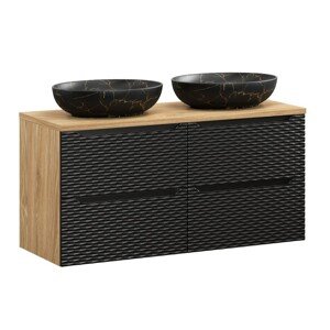 Závěsná skříňka Ocean Mona 120 cm s deskou a umyvadly černá/dub olejovaný