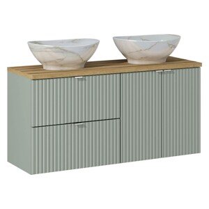 Závěsná skříňka Line Reed Green Pati s deskou a umyvadly 120 cm zelená/dub evoke