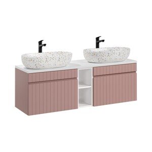 Závěsná skříňka Iconic Lili s deskou a umyvadly 140 cm růžová/bílá