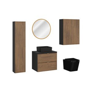 Koupelnová sestava s deskou, skříňkami umyvadlem, zrcadlem a toaletou Talia Casella 60 cm černý mat/dub casella