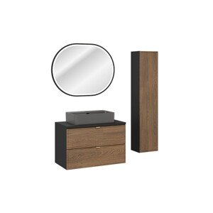 Koupelnová sestava s deskou, skříňkami, umyvadlem a zrcadlem Talia Casella 80 cm černý mat/dub casella