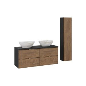 Koupelnová sestava s deskou, skříňkami a umyvadly Talia Casella 120 cm černý mat/dub casella