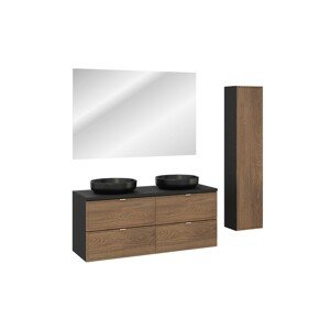 Koupelnová sestava s deskou, skříňkami, umyvadly a zrcadlem Talia Casella 120 cm černý mat/dub casella