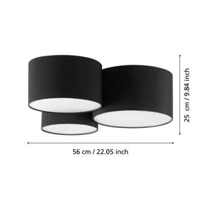 Stropné svietidlo Pastore 2, dĺžka 61 cm, čierne, 3 svetlá, látka