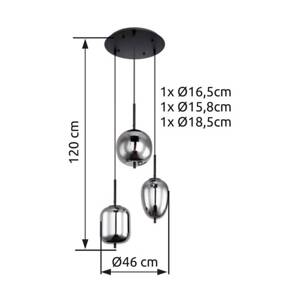 Závesná lampa Blacky, čierna/dymovo sivá, Ø 46 cm, sklo, 3 svetlá.